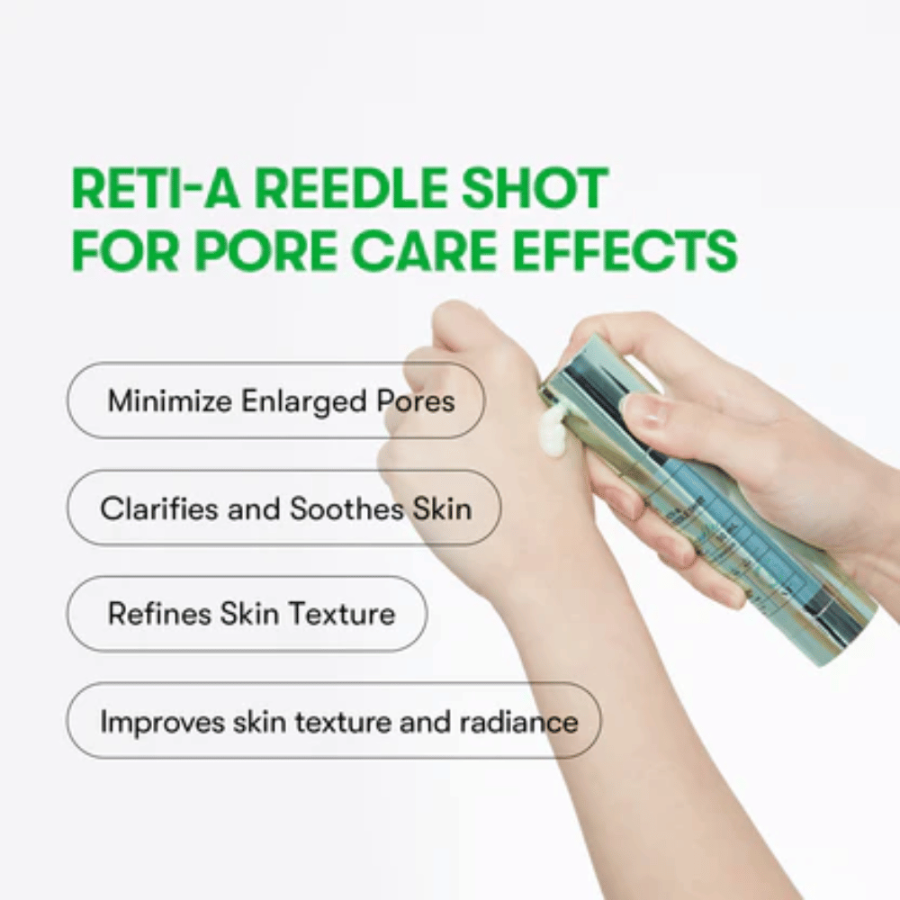 VT Reti-A Reedle Shot applicerad på hand, visar serumets textur och dess effekt för att minimera porer, lugna huden och förbättra hudens lyster.