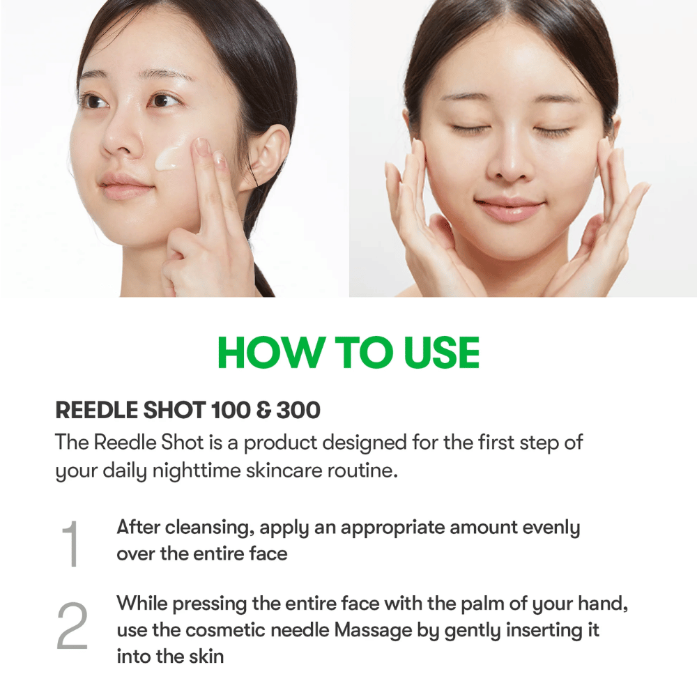 Instruktionsbild som visar hur VT Reti-A Reedle Shot appliceras i ansiktet, första steget i kvällsrutinen för förbättrad hudstruktur och effektiv absorption.