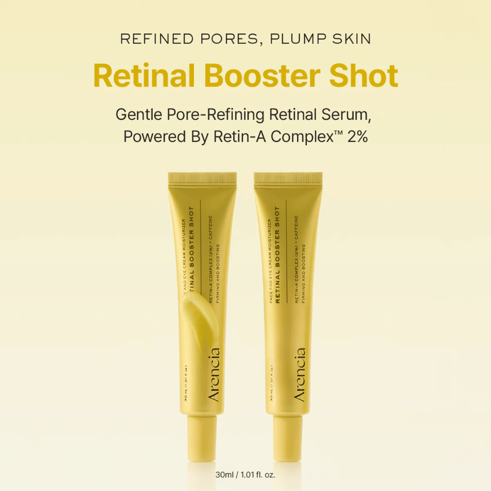 Produktpresentation av Arencia Retinal Booster Shot 2 %, mild retinalserum för förfinade porer, plumpad hud och jämnare hudstruktur.