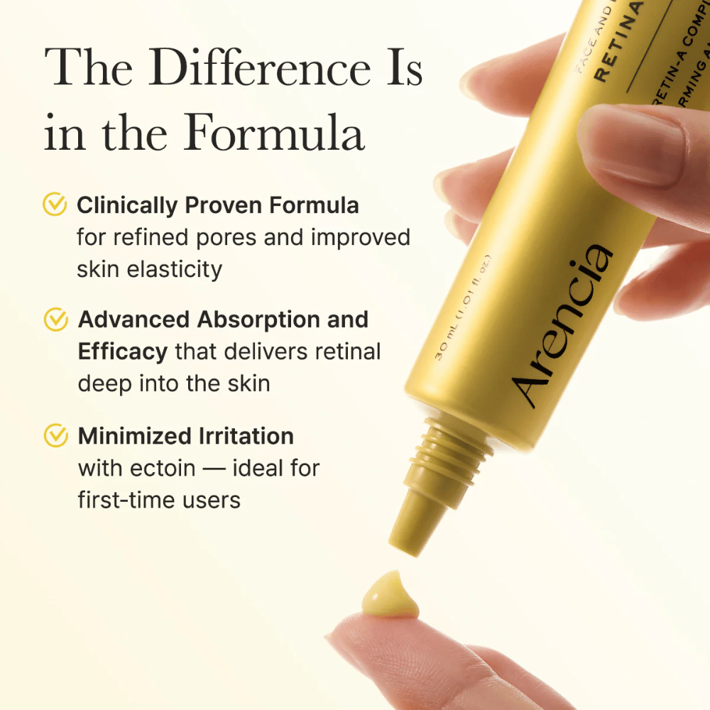 Närbild på Arencia Retinal Booster Shot som visar formulan och fördelar som kliniskt bevisad effekt, förbättrad absorption och minimerad irritation.