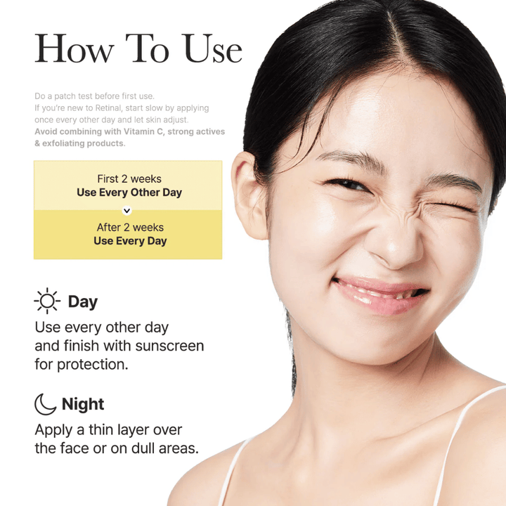 Instruktionsbild för Arencia Retinal Booster Shot med rekommenderad användning varannan dag de första två veckorna och därefter dagligen, dag- och natt­rutin för retinal.