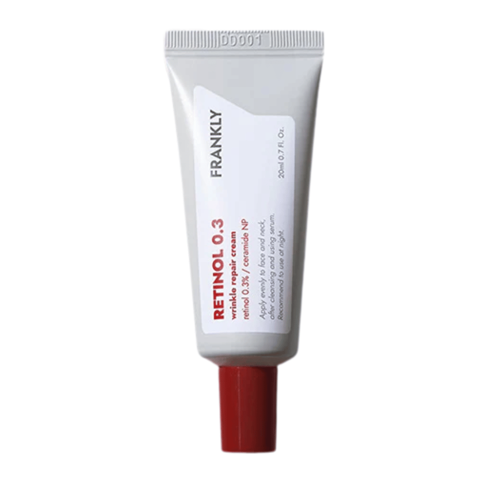 FRANKLY Retinol 0.3 Cream i vit tub med röd kork. En anti-aging kräm med 0,3 % retinol och ceramid NP för fastare och jämnare hud.
