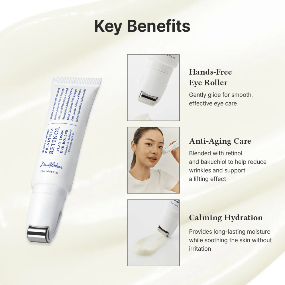Dr. Althea Retinol Flat Iron Eye Roller med metallroller för kylande effekt, anti-age egenskaper och långvarig återfuktning utan irritation.