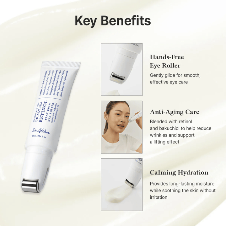 Dr. Althea Retinol Flat Iron Eye Roller med metallroller för kylande effekt, anti-age egenskaper och långvarig återfuktning utan irritation.