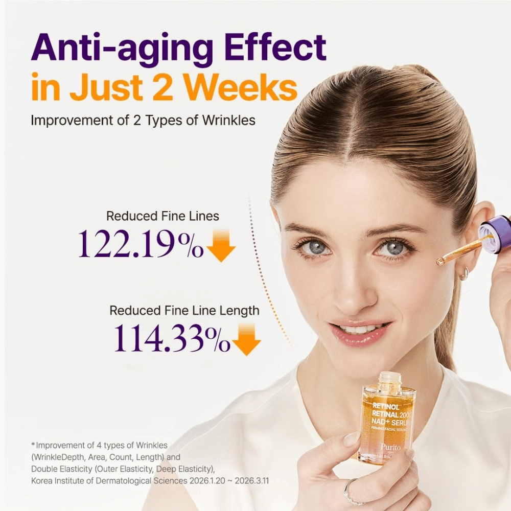 PURITO SEOUL Retinol Retinal 2000 NAD+ Serum – koreanskt anti-age serum utvecklat för att minska synligheten av fina linjer och rynkor.