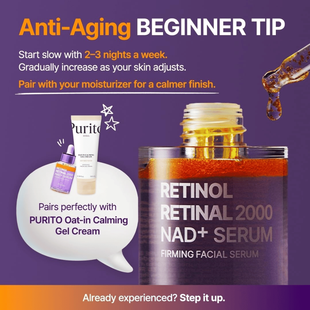 PURITO SEOUL Retinol Retinal 2000 NAD+ Serum – börja använda serumet 2–3 kvällar i veckan och kombinera gärna med återfuktande kräm.