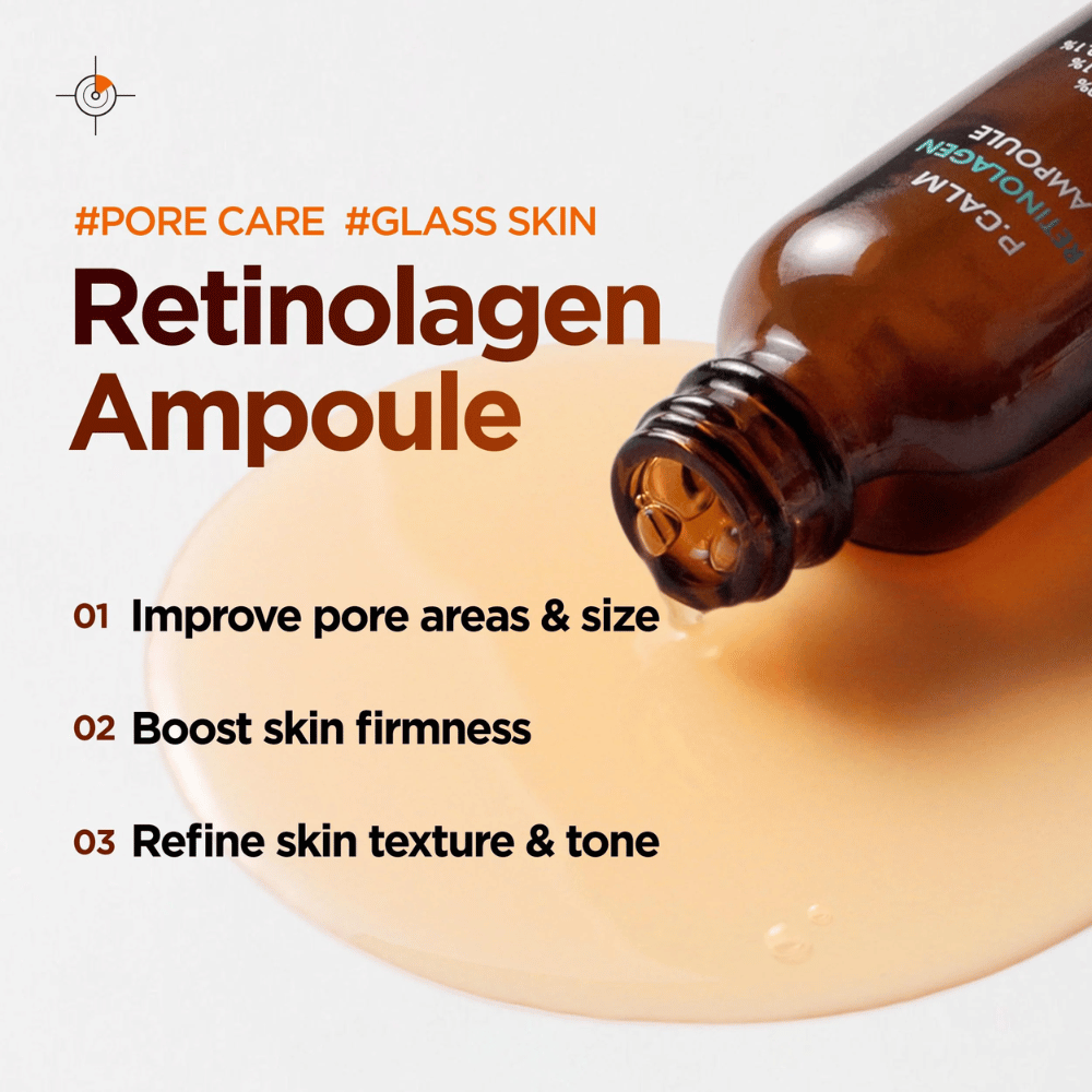Marknadsföringsbild för P.CALM Retinolagen Ampoule med serum som rinner ur flaskan över en gyllene serumtextur. Bilden framhäver fördelar som förbättrad porstorlek, ökad hudfasthet och jämnare hudton.