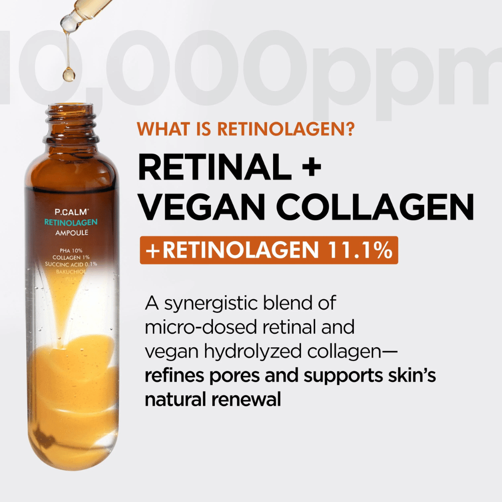 Produktbild av P.CALM Retinolagen Ampoule tillsammans med information om “Retinolagen”, en kombination av retinal och veganskt kollagen. Bilden betonar hudförnyelse, förbättrad hudstruktur och porförfining.