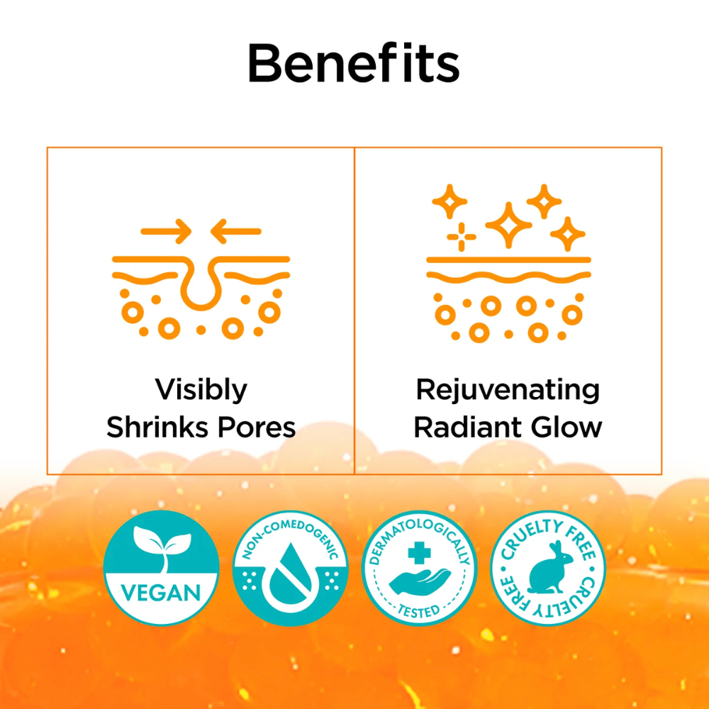 Informationsbild som lyfter fördelarna med P.CALM Retinolagen Ampoule. Fokus ligger på att synligt minska porer och ge huden ett mer återupplivat glow. Ikoner visar även att produkten är vegansk, non-comedogenic, dermatologiskt testad och cruelty-free.