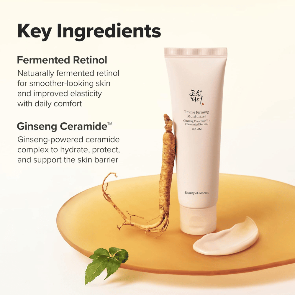 Bild – ingredienser (SEO + EEAT)
Beauty of Joseon Revive Firming Moisturizer med ginseng ceramide och fermenterad retinol som stärker hudbarriären och förbättrar hudens elasticitet.