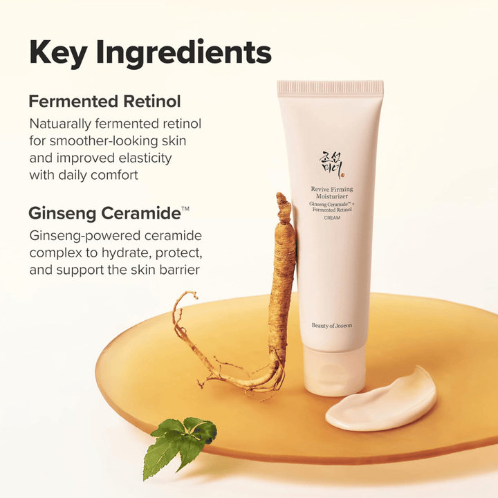 Bild – ingredienser (SEO + EEAT)
Beauty of Joseon Revive Firming Moisturizer med ginseng ceramide och fermenterad retinol som stärker hudbarriären och förbättrar hudens elasticitet.
