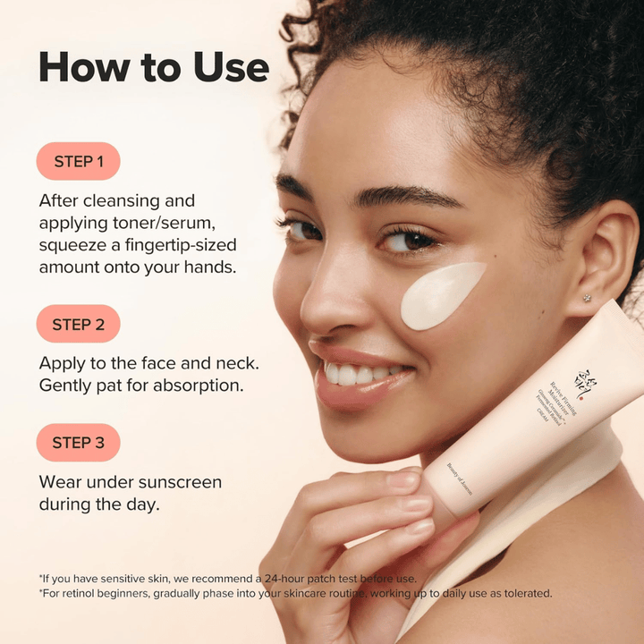 Bild – how to use / applicering
Beauty of Joseon Revive Firming Moisturizer appliceras i ansiktet efter rengöring, återfuktar huden och förbättrar elasticitet med retinol.