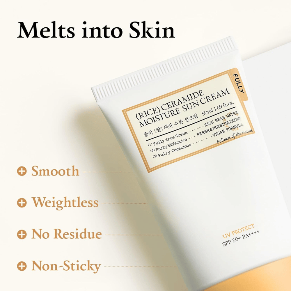 Kampanjbild för FULLY Rice Ceramide Moisture Sun Cream som lyfter fram den lätta och snabbt absorberande formulan. Fokus ligger på känslan på huden med budskap om att produkten smälter in utan kladd, vit hinna eller tung finish.