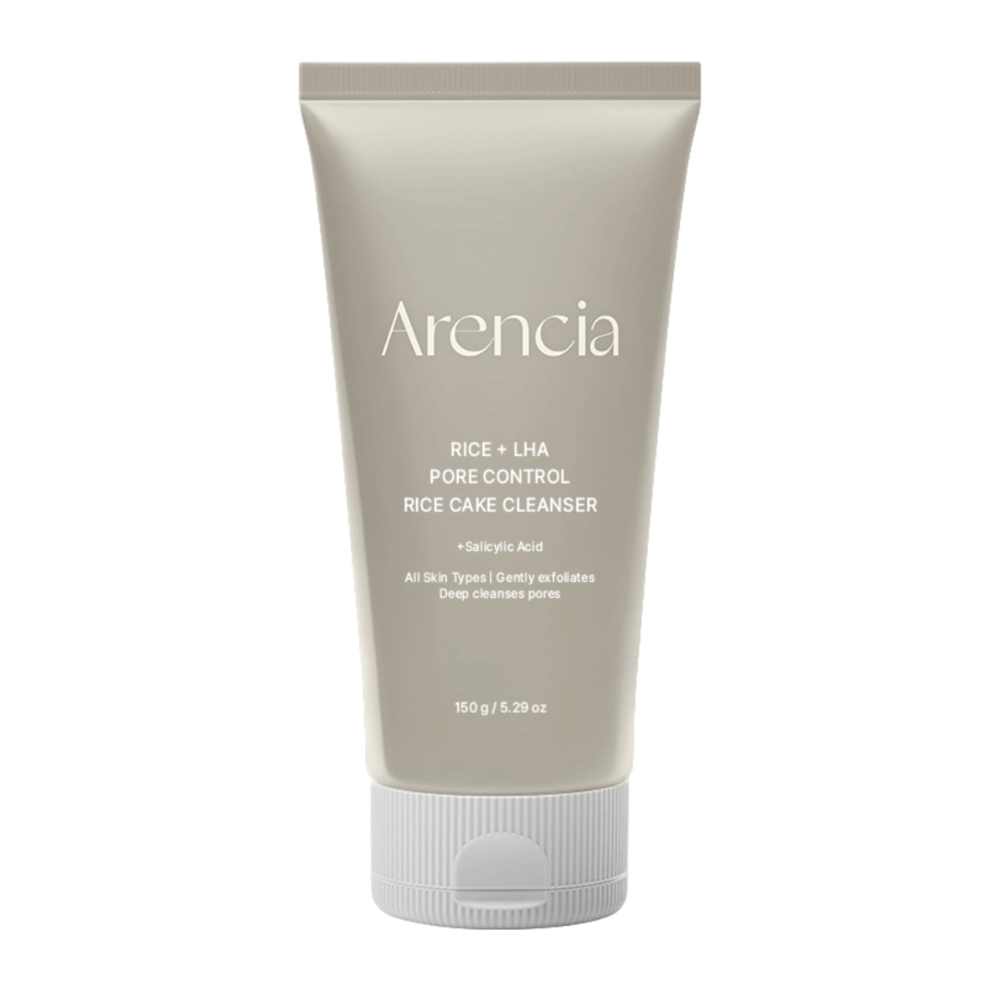 Arencia Rice + LHA Pore Control Rice Cake Cleanser i helbild mot vit bakgrund, koreansk ansiktsrengöring med ris och LHA för skonsam exfoliering och balanserad hud.