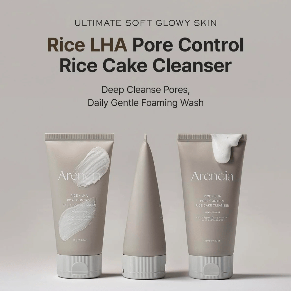 Produktpresentation av Arencia Rice + LHA Pore Control Rice Cake Cleanser i flera vinklar, daglig skummande ansiktsrengöring för klarare porer och jämnare hudstruktur.
