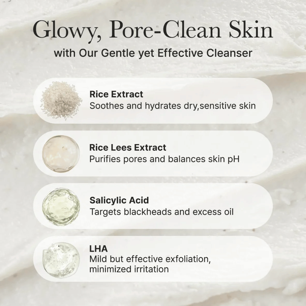 Ingrediensöversikt för Arencia Rice + LHA Pore Control Rice Cake Cleanser med risextrakt, rice lees extract, salicylsyra och LHA för lugnande, porrenande och balanserande effekt.