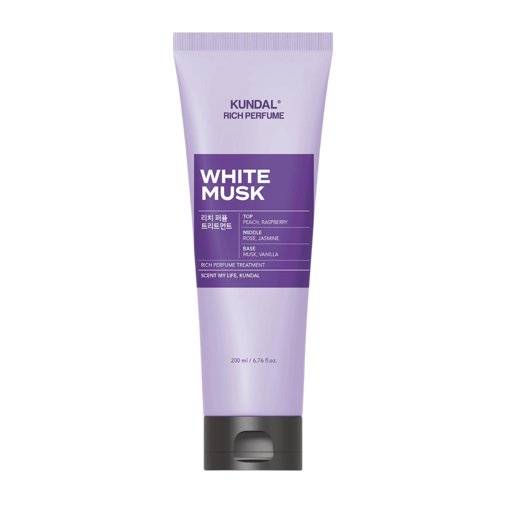 2. KUNDAL Rich Perfume Body Lotion White Musk 200 ml – återfuktande kroppslotion med doft av persika, hallon, ros, jasmin, mysk och vanilj