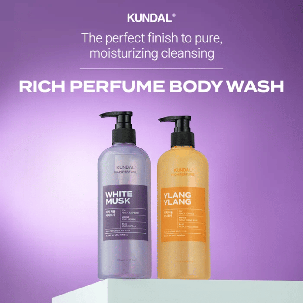 5. KUNDAL Rich Perfume Body Wash White Musk & Ylang Ylang – parfymerad och återfuktande kroppsrengöring