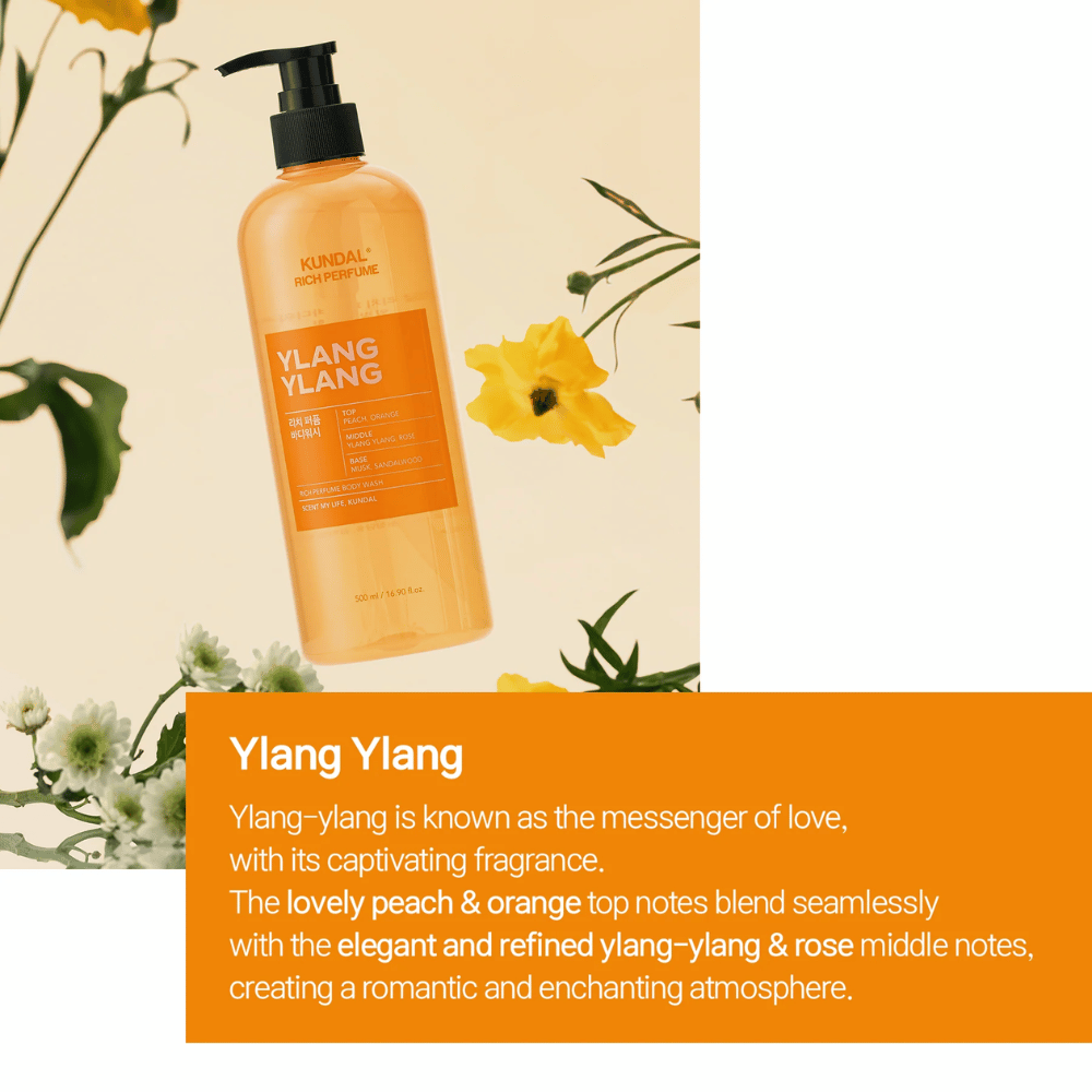 2. KUNDAL Rich Perfume Body Wash Ylang Ylang 500 ml – duschtvål med doft av persika, apelsin, ylang-ylang, ros, mysk och sandelträ