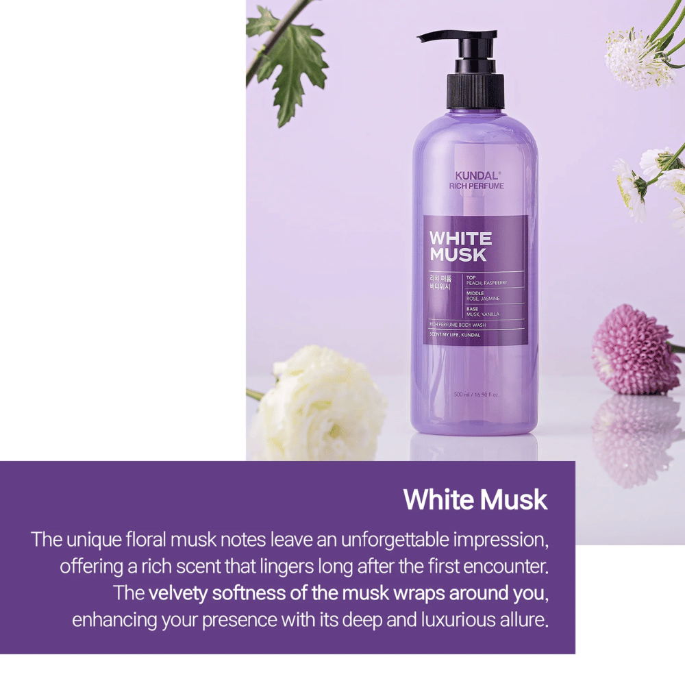 1. KUNDAL Rich Perfume Body Wash White Musk & Ylang Ylang 500 ml – parfymerad duschtvål i två doftvarianter