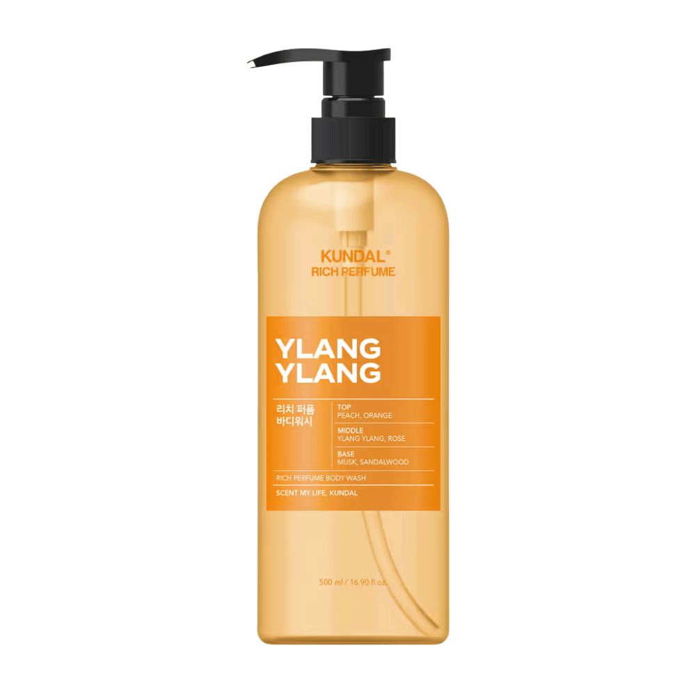 6. KUNDAL Rich Perfume Body Wash Ylang Ylang 500 ml – orange duschtvål med pumpflaska