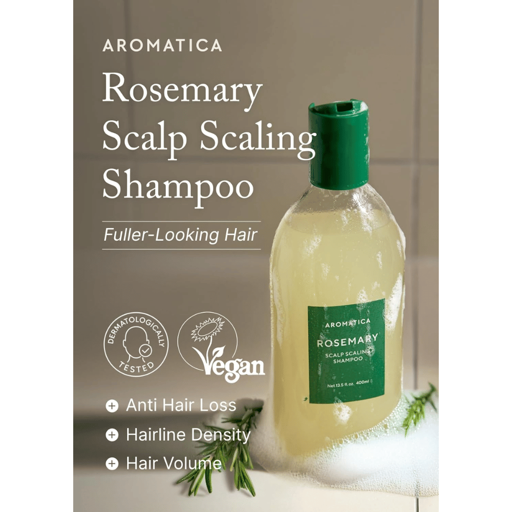 AROMATICA Rosemary Scalp Scaling Shampoo för rengöring och exfoliering av hårbotten som bidrar till minskat håravfall, ökad hårvolym och en frisk hårbotten.