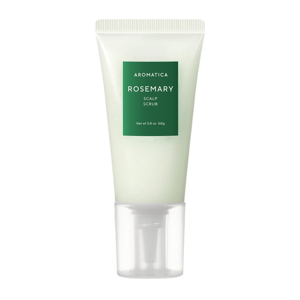 4. AROMATICA Rosemary Scalp Scrub 165 g – exfolierande hårbottenskrubb med rosmarin i ljusgrön tub mot vit bakgrund