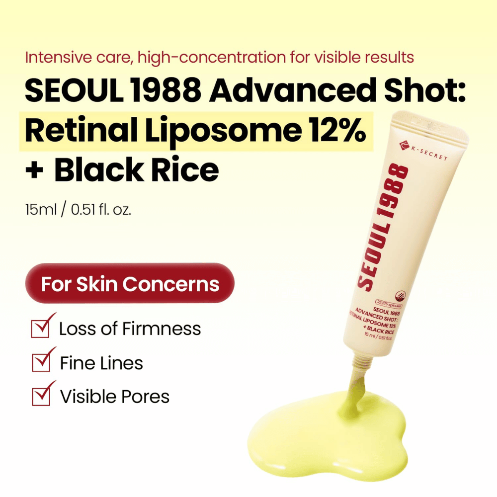 K-SECRET SEOUL 1988 Advanced Shot Retinal Liposome 12% + Black Rice 15 ml – intensiv retinalbehandling för fina linjer, synliga porer och förlorad fasthet.