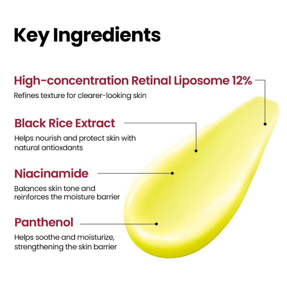 K-SECRET SEOUL 1988 Advanced Shot – koncentrerad formula med Retinal Liposome 12%, svart ris, niacinamid och panthenol.