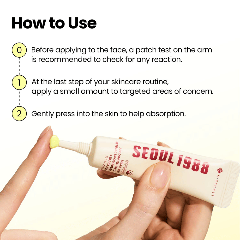 K-SECRET SEOUL 1988 Advanced Shot Retinal Liposome 12% + Black Rice – applicering av retinalbehandling som sista steget i hudvårdsrutinen.