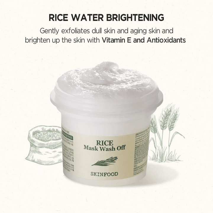 SKINFOOD's Rice Mask Wash Off 120g rekommenderas för att ljusna upp och hjälpa huden.