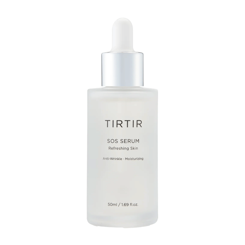 Flaska med TIRTIR SOS Serum, avsedd för uppfriskande och återfuktande hudvård.