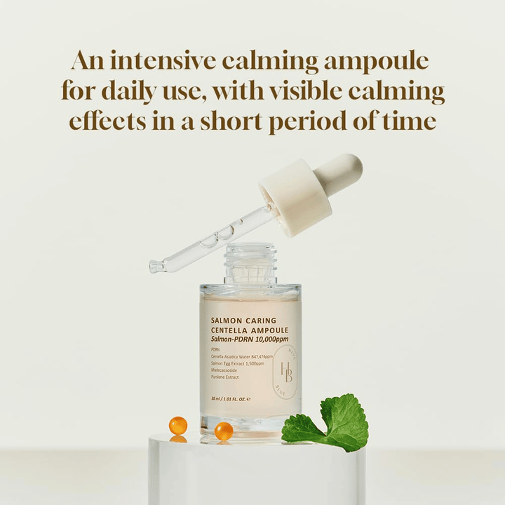 Heveblue Salmon Caring Centella Ampoule 30 ml med PDRN och centella asiatica – intensivt lugnande ampull för daglig användning och synlig hudförbättring
