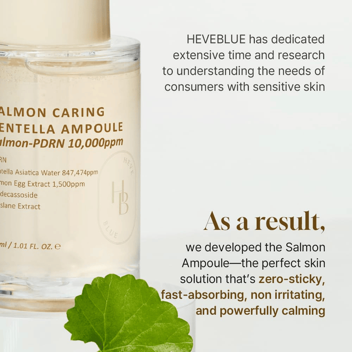 Heveblue Salmon Caring Centella Ampoule – snabbabsorberande PDRN-serum med centella för känslig hud, lugnar irritation och återställer hudbarriären
