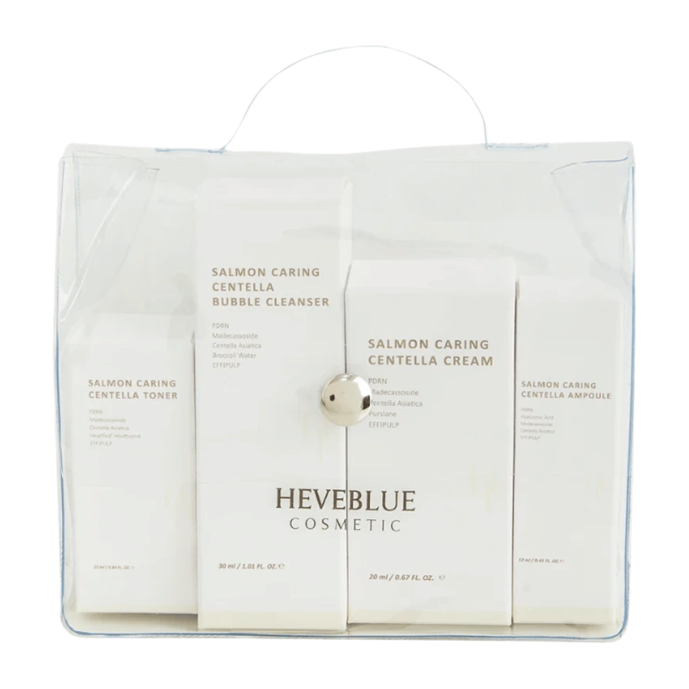 Heveblue Salmon Caring Centella Special Travel Kit hudvårdsset – koreansk hudvårdsrutin med toner, bubble cleanser, cream och ampoule med Centella Asiatica och PDRN.