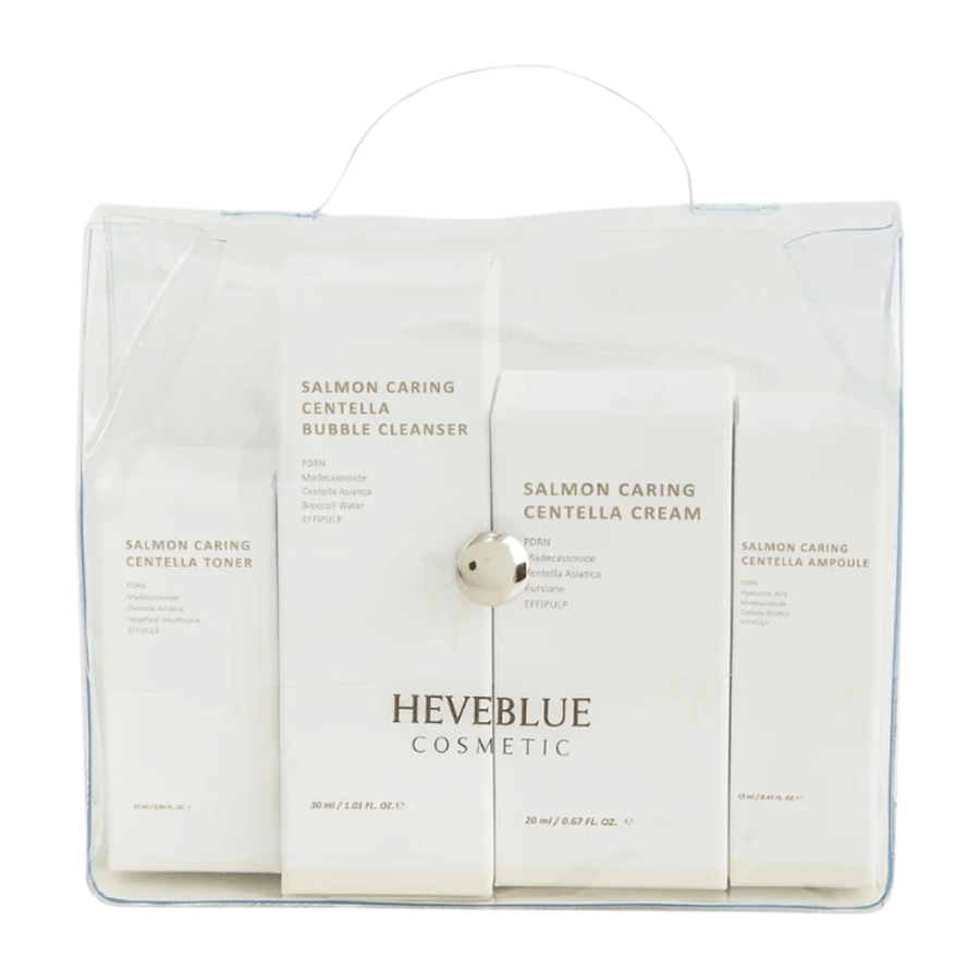Heveblue Salmon Caring Centella Special Travel Kit hudvårdsset – koreansk hudvårdsrutin med toner, bubble cleanser, cream och ampoule med Centella Asiatica och PDRN.