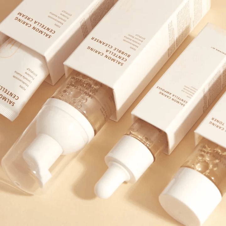 Heveblue Salmon Caring Centella Travel Kit hudvårdsset – koreanska hudvårdsprodukter med Centella Asiatica och PDRN som hjälper till att återfukta, lugna huden och stärka hudbarriären.