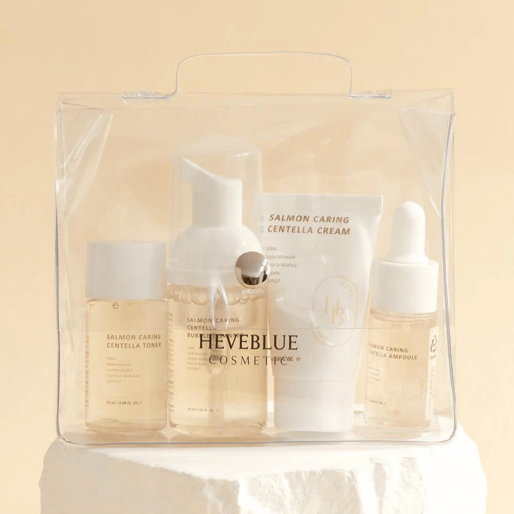 Heveblue Salmon Caring Centella Special Travel Kit – koreanskt hudvårdsset med toner, bubble cleanser, cream och ampoule med Centella Asiatica och PDRN från lax i praktisk reseförpackning.