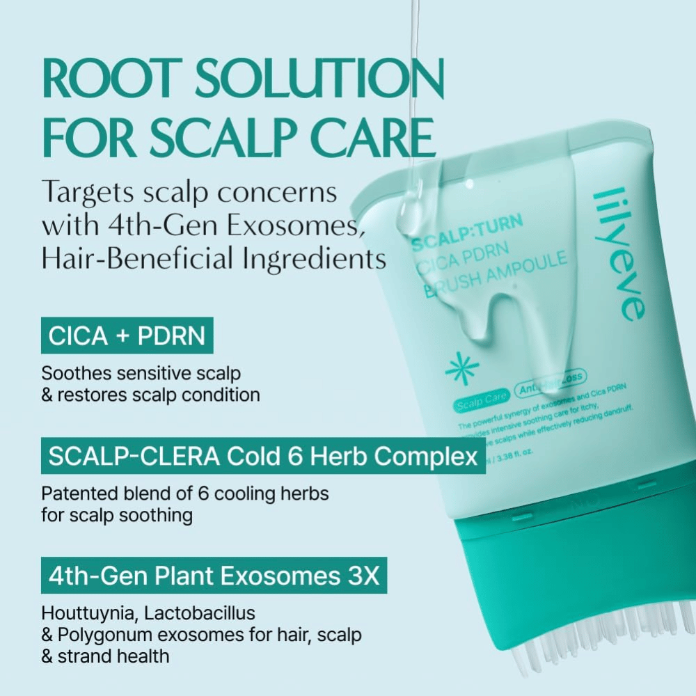 Produktbild av LILYEVE Scalp:Turn Cica PDRN Brush Ampoule med beskrivning av nyckelingredienser. Bilden lyfter fram CICA, PDRN, kylande örtkomplex och växtbaserade exosomer som hjälper till att lugna och vårda känslig hårbotten.