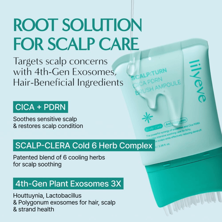 Produktbild av LILYEVE Scalp:Turn Cica PDRN Brush Ampoule med beskrivning av nyckelingredienser. Bilden lyfter fram CICA, PDRN, kylande örtkomplex och växtbaserade exosomer som hjälper till att lugna och vårda känslig hårbotten.