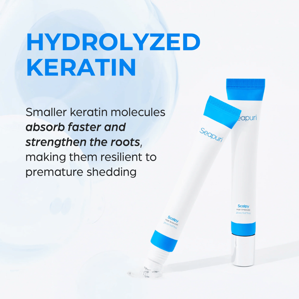 Två tuber av Seapuri Scalpy Hair Serum visas. Text beskriver hydrolyserat keratin som stärker hårsäckarna och motverkar håravfall.