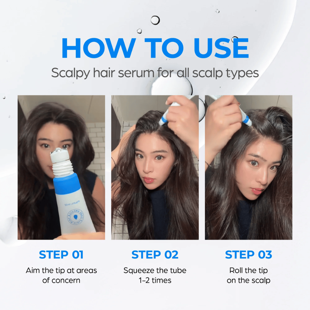 Kvinna applicerar Seapuri Scalpy Hair Serum i hårbotten. Steg-för-steg guide visar hur man riktar, trycker och rullar applikatorn för bästa resultat.