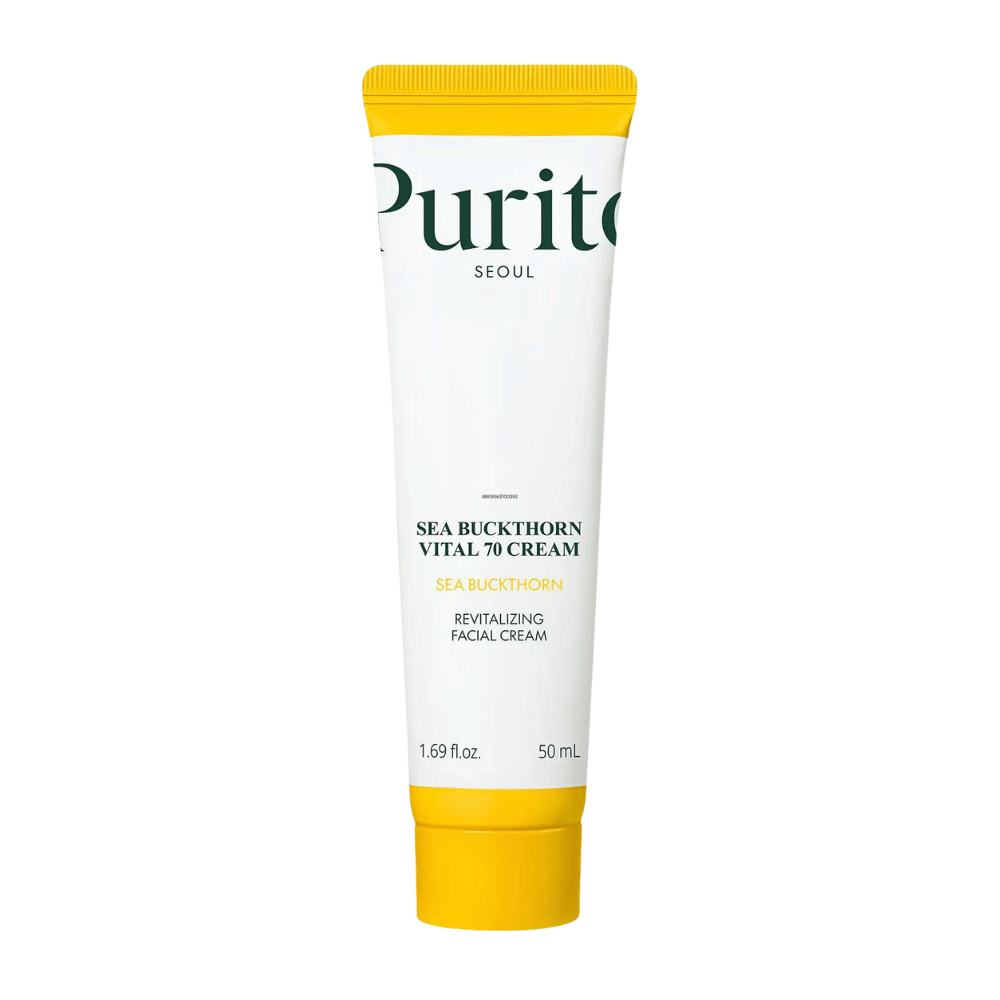 2. Purito SEOUL Sea Buckthorn Vital 70 Cream 50 ml – återfuktande ansiktskräm med 70 % havtornsextrakt i vit tub med gul kork mot vit bakgrund