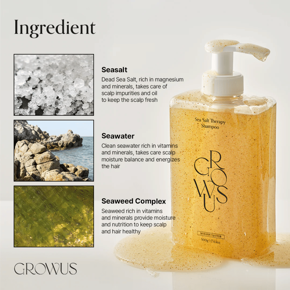 Ingredienser i GROWUS Sea Salt Therapy Shampoo med havssalt, havsvatten och sjögräskomplex för hårbotten