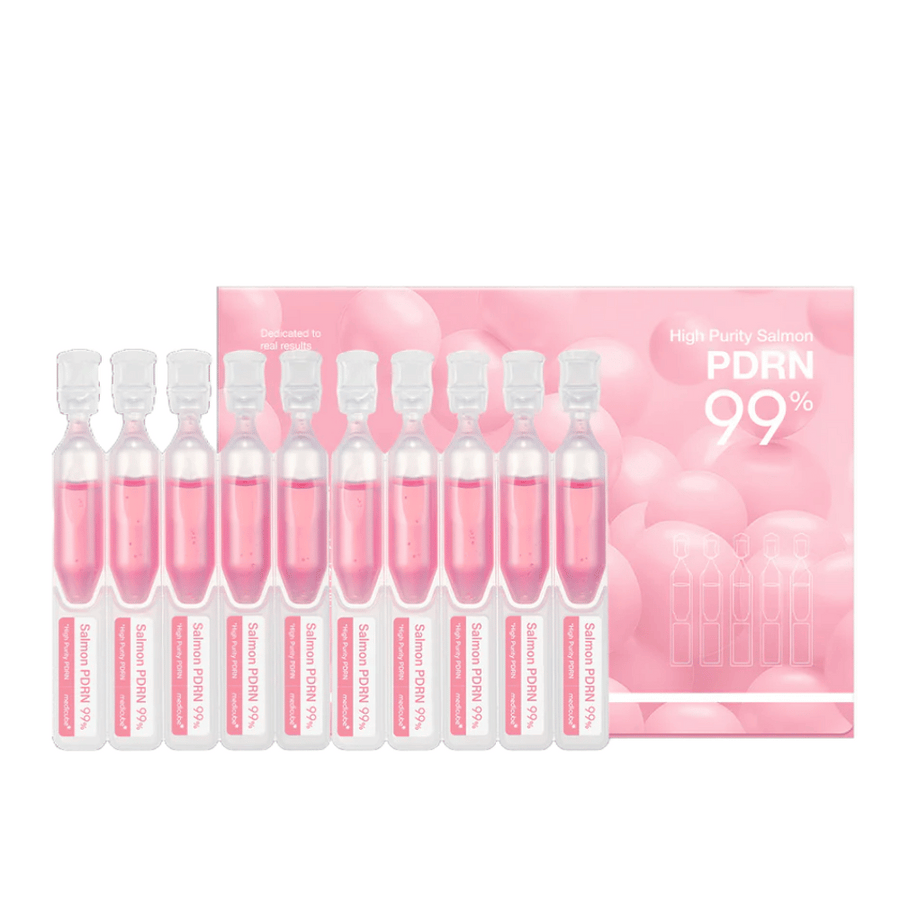 Medicube High Purity Salmon PDRN 99% – en ask med rosa ampuller fyllda med koncentrerat lax-DNA-serum för hudförnyelse och förbättrad elasticitet.