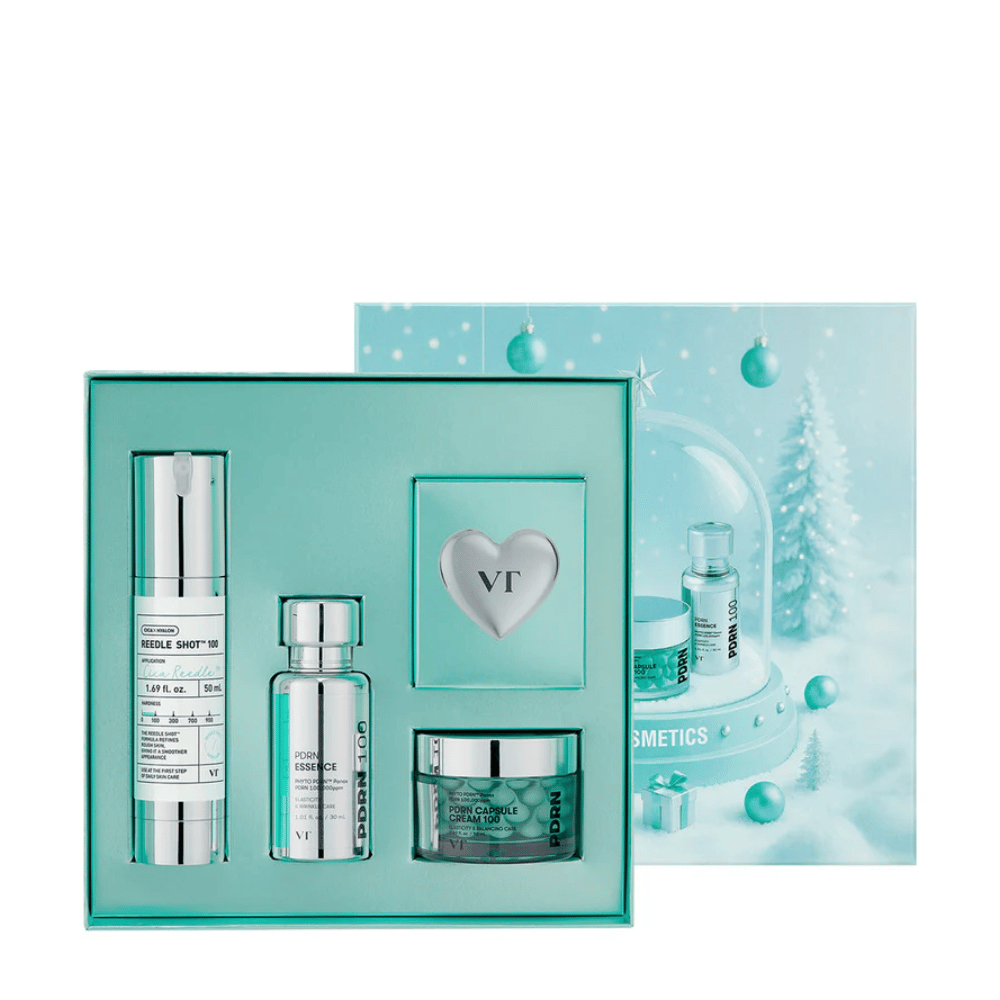 VT Cosmetics Shining Holiday Set – elegant presentbox med Reedle Shot 100, PDRN Essence, PDRN Capsule Cream och nyckelring.