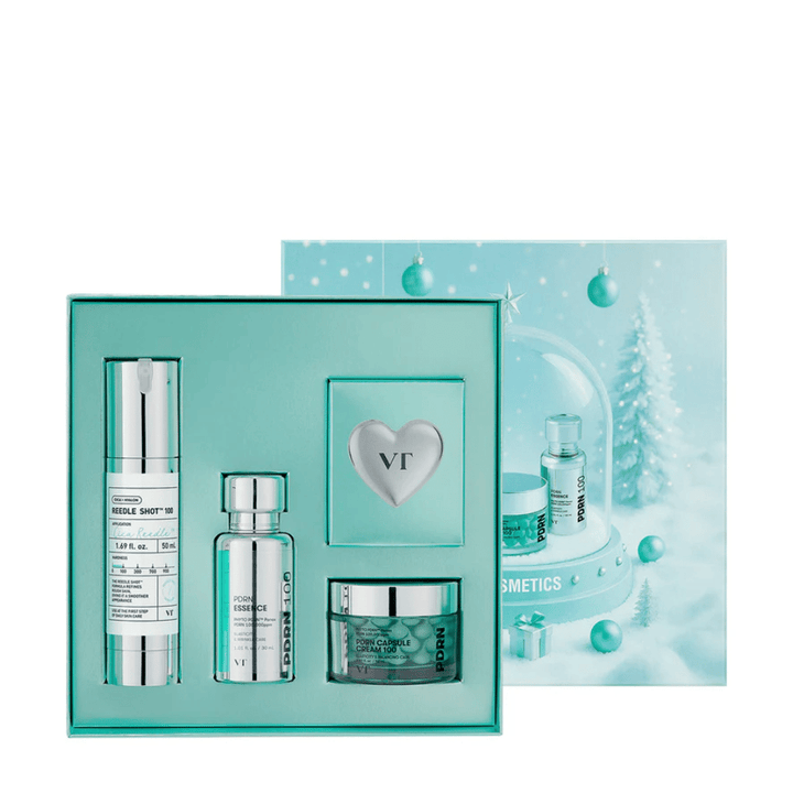 VT Cosmetics Shining Holiday Set – elegant presentbox med Reedle Shot 100, PDRN Essence, PDRN Capsule Cream och nyckelring.