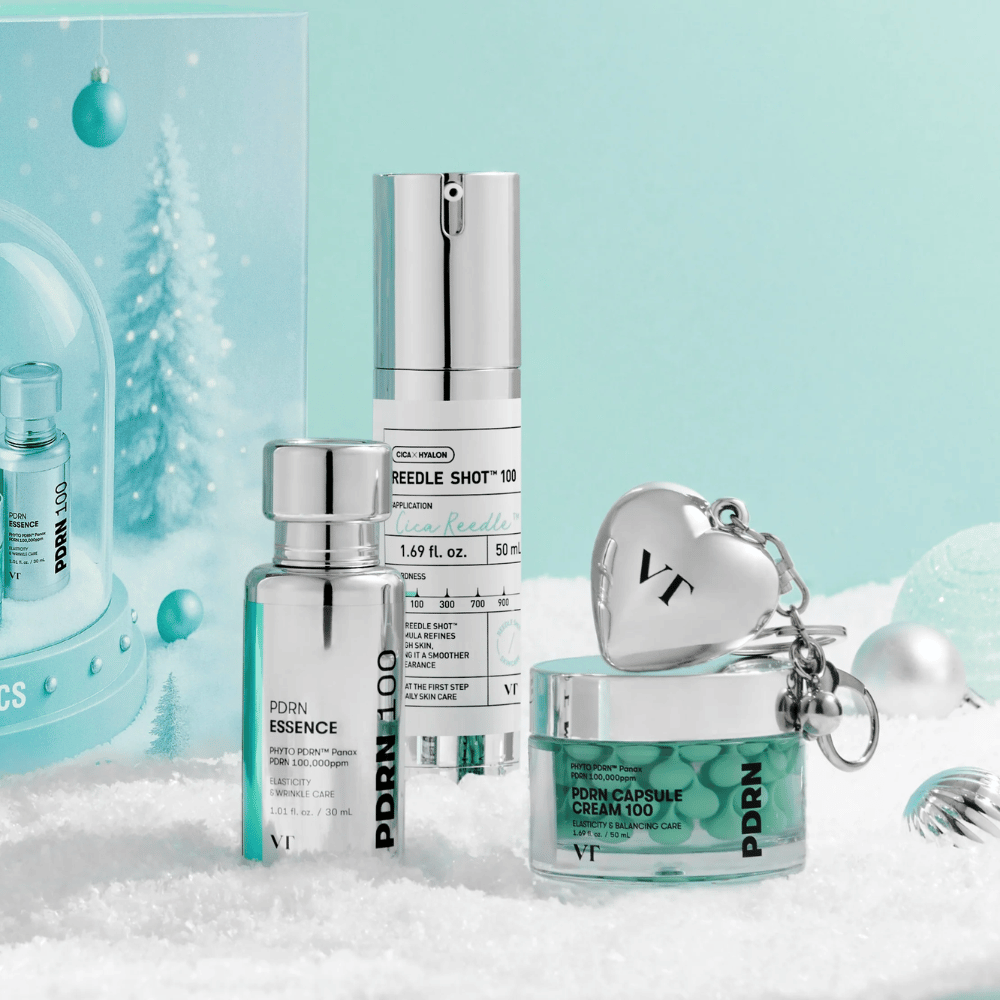 VT Cosmetics Shining Holiday Set – lyxigt hudvårdskit med PDRN Essence, Reedle Shot 100 och PDRN Capsule Cream i vinterinspirerad design.
