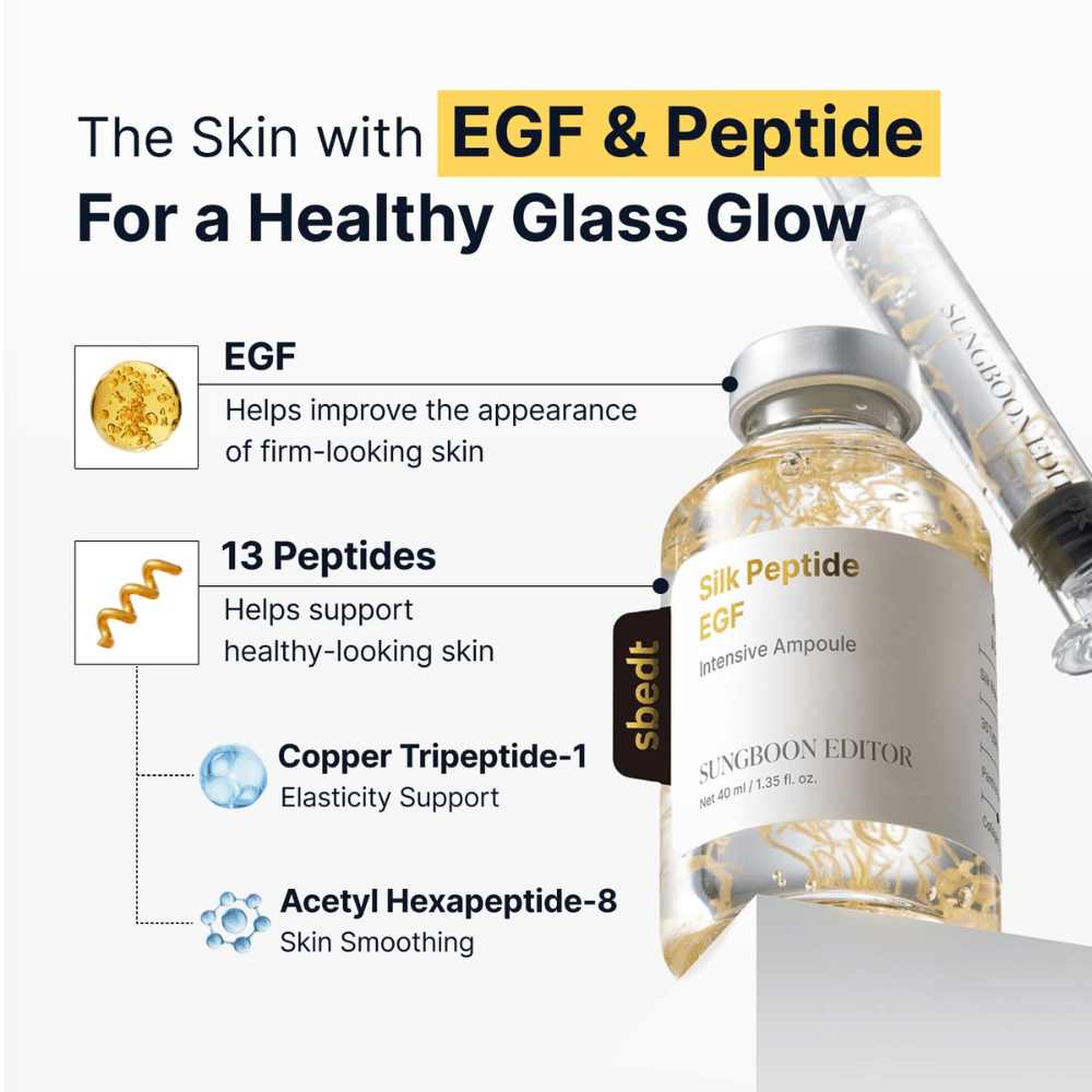 Silk Peptide EGF Intensive Ampoule innehåller EGF, 13 peptider samt koppartripeptid-1 och acetylhexapeptid-8 som tillsammans hjälper till att stödja hudens elasticitet, förbättra hudens utseende och ge en naturlig glow.