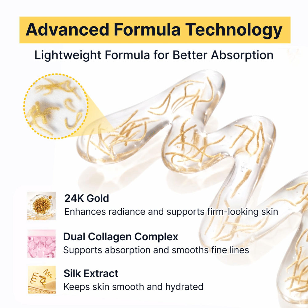 Silk Peptide EGF Intensive Ampoule kombinerar 24K guld, silkesextrakt och ett dubbelkollagenkomplex för att ge huden lyster, återfuktning och en fastare känsla samtidigt som den lätta formulan absorberas snabbt.